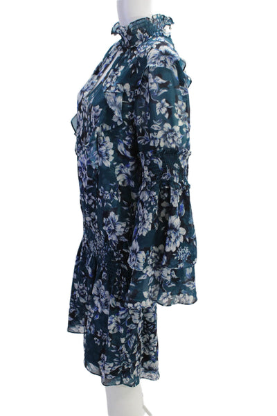 Parker Womens Long Sleeve Keyhole Smocked Floral Dress Blue Size Extra Large