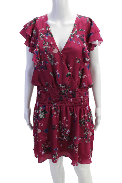 Parker Womens Ruffled Cap Sleeve V Neck Floral Smocked Dress Pink Size Large