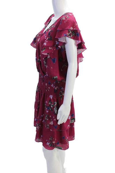 Parker Womens Ruffled Cap Sleeve V Neck Floral Smocked Dress Pink Size Large