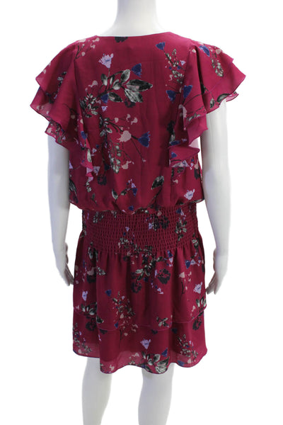 Parker Womens Ruffled Cap Sleeve V Neck Floral Smocked Dress Pink Size Large
