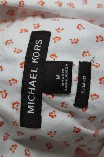 Michael Kors Mens Button Up Collared Slim Fit Printed Shirt White Orange Medium