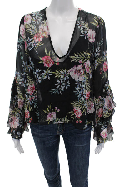 Intermix Womens Silk Floral Print V Neck Blouse Black Multi Colored Size Petite