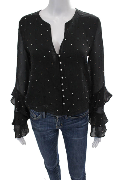 Intermix Womens Silk Pearl V Neck Button Down Blouse Black White Size Petite