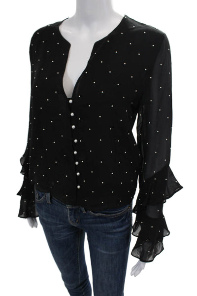 Intermix Womens Silk Pearl V Neck Button Down Blouse Black White Size Petite