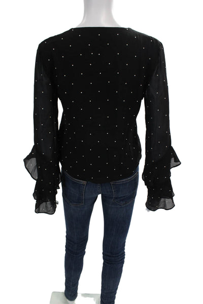 Intermix Womens Silk Pearl V Neck Button Down Blouse Black White Size Petite
