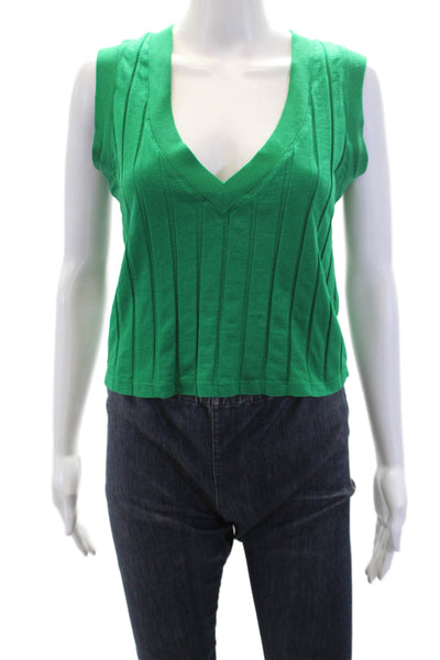 Monrow Womens Cotton Ribbed V-Neck Casual Sleeveless Top Solid Green Size XS