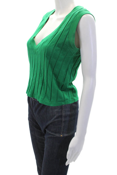 Monrow Womens Cotton Ribbed V-Neck Casual Sleeveless Top Solid Green Size XS