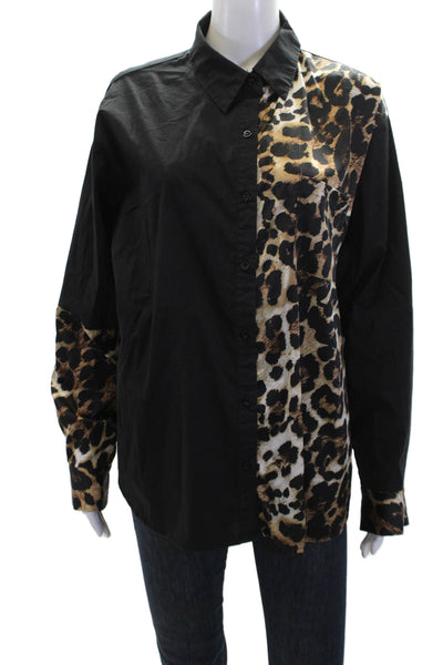 Alberto Makali Womens Button Front Collared Leopard Trim Shirt Black Brown Large