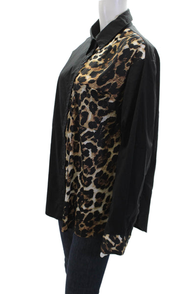 Alberto Makali Womens Button Front Collared Leopard Trim Shirt Black Brown Large