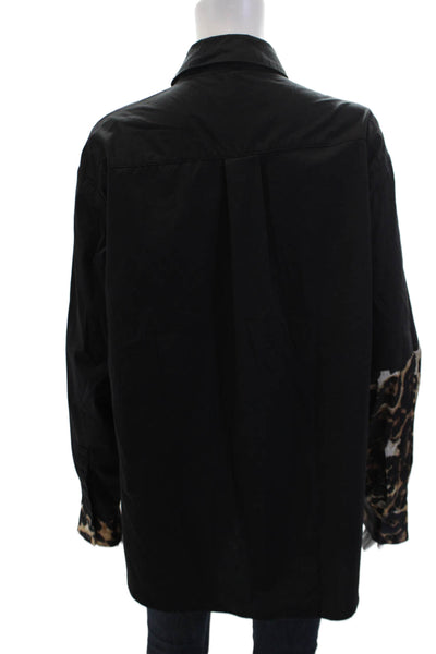 Alberto Makali Womens Button Front Collared Leopard Trim Shirt Black Brown Large