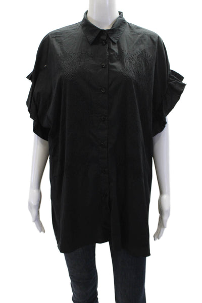 TCEXENCE Womens Button Front Short Sleeve Collared Shirt Black Cotton Size 14