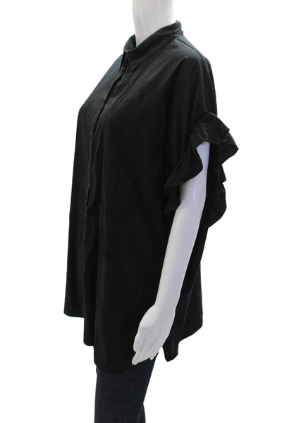 TCEXENCE Womens Button Front Short Sleeve Collared Shirt Black Cotton Size 14