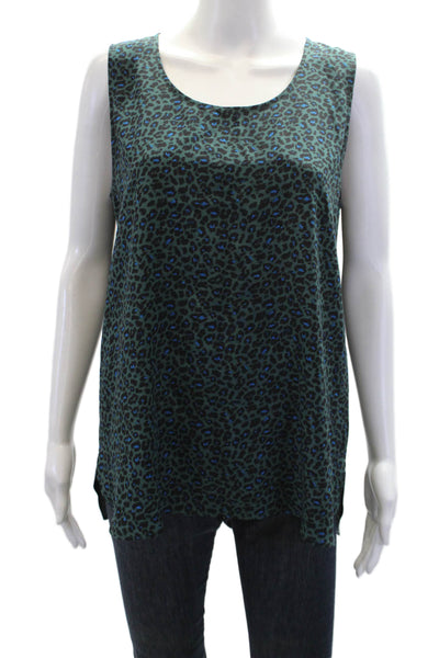 Repeat Womens Scoop Neck Leopard Printed Silk Tank Top Green Blue Size Medium