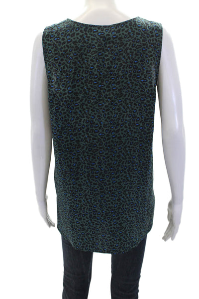 Repeat Womens Scoop Neck Leopard Printed Silk Tank Top Green Blue Size Medium