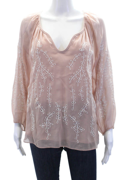 Ella Moss Womens Long Sleeve V Neck Embroidered Top Pink White Size Small