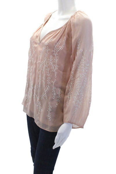 Ella Moss Womens Long Sleeve V Neck Embroidered Top Pink White Size Small