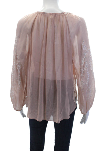 Ella Moss Womens Long Sleeve V Neck Embroidered Top Pink White Size Small