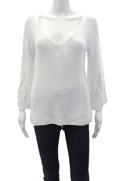 525 America Womens Long Sleeve V Neck Lace Trim Sweater White Cotton Size Small