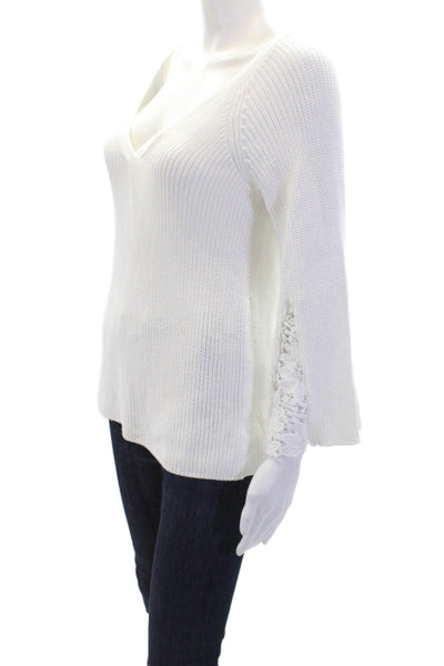 525 America Womens Long Sleeve V Neck Lace Trim Sweater White Cotton Size Small
