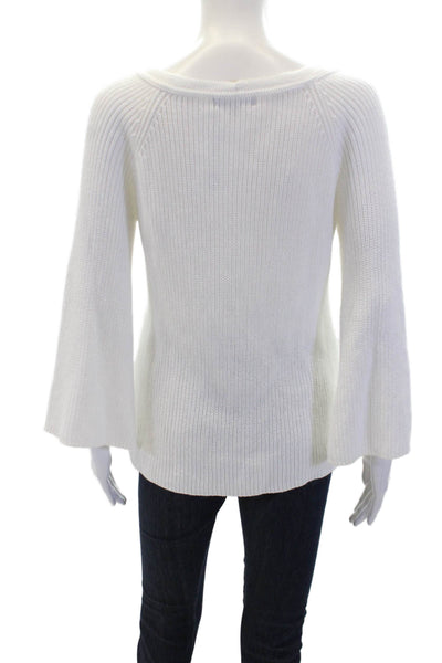 525 America Womens Long Sleeve V Neck Lace Trim Sweater White Cotton Size Small