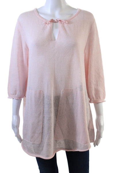 Oska Womens Linen 3/4 Sleeve Pocket detail V-Neck Knit Blouse Pink Size 2