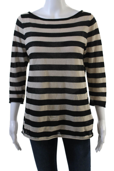 Tory Burch Womens Cotton Boat Neck Long Sleeve Striped Top Black Size M