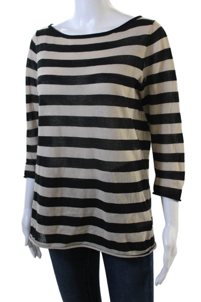 Tory Burch Womens Cotton Boat Neck Long Sleeve Striped Top Black Size M
