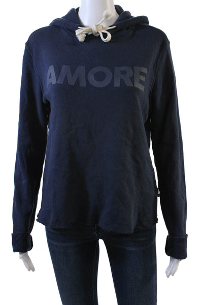 SOL ANGELES Womens Cotton Amore Graphic Raw Hem Hoodie Dark Blue Size S