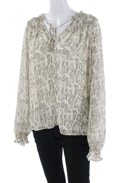 Pookie and Sebastian Womens Snakeskin Print Key Hole Neck Blouse White Size Medi