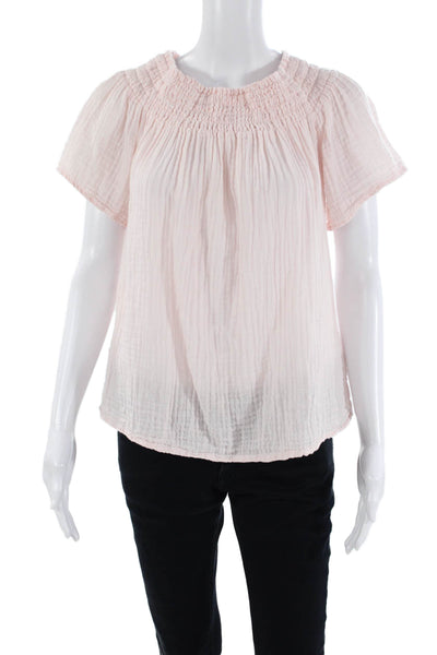 Michael Stars Womens Smocked Short Sleeves Blouse Pale Pink Cotton Size Small