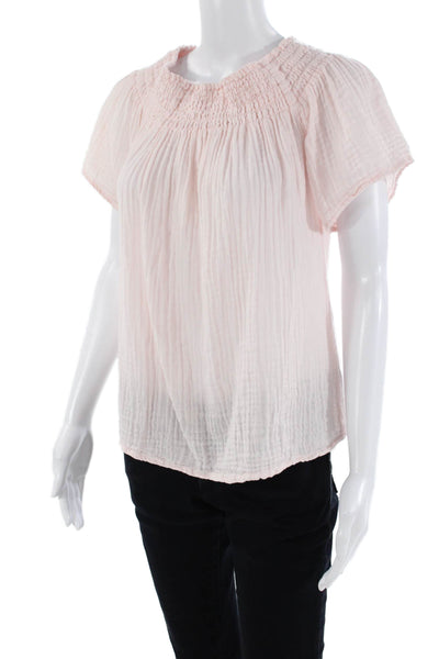 Michael Stars Womens Smocked Short Sleeves Blouse Pale Pink Cotton Size Small