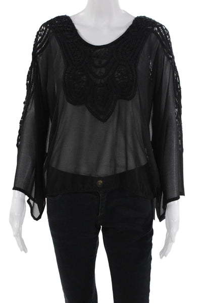 Sanctuary Womens Crochet Detail Long Sleeves Blouse Black Size Large