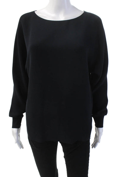 Vince Womens Cotton Round Neck Long Sleeve Sleek Blouse Black Size XS