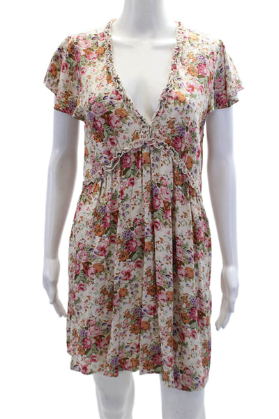 Auguste Womens Ruffled Trim Detail Floral Cap Sleeve Mini Dress Beige Size 8