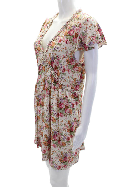Auguste Womens Ruffled Trim Detail Floral Cap Sleeve Mini Dress Beige Size 8