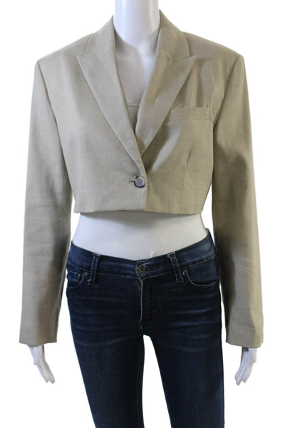 Zara Women's Collared Long Sleeves Lined One Button Cropped Jacket Beige Size S