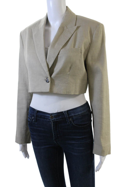 Zara Women's Collared Long Sleeves Lined One Button Cropped Jacket Beige Size S