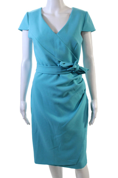 Mellaris Womens Short Sleeves V Neck Belted Ruched Dress Aqua Blue Size 6