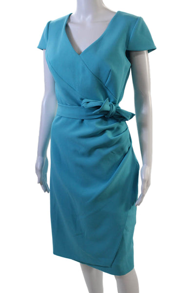 Mellaris Womens Short Sleeves V Neck Belted Ruched Dress Aqua Blue Size 6