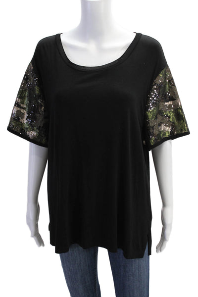 Donna Karan Womens Crew Neck Sequined Camouflage Sleeve T-Shirt Black Size XL