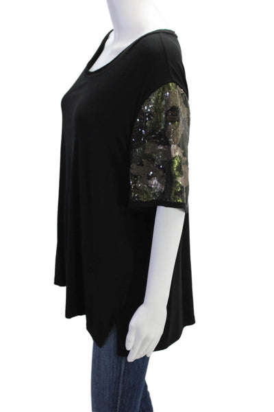 Donna Karan Womens Crew Neck Sequined Camouflage Sleeve T-Shirt Black Size XL