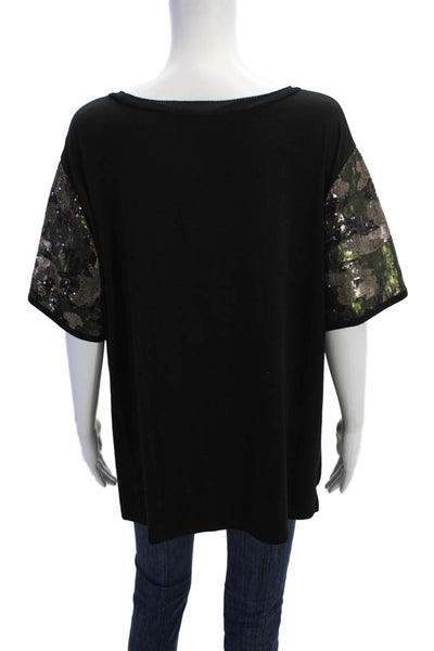 Donna Karan Womens Crew Neck Sequined Camouflage Sleeve T-Shirt Black Size XL