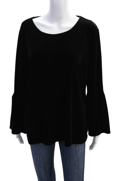 Calvin Klein Womens Velvet Long Flounce Sleeve Blouse Solid Black Size L