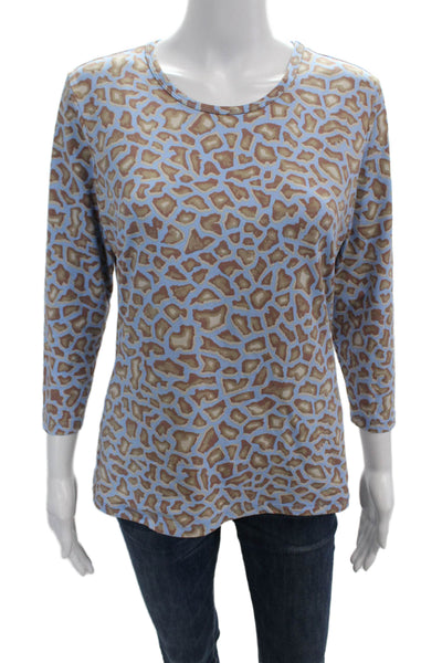 J. Mclaughlin Womens 3/4 Sleeve Scoop Neck Abstract Shirt Blue Brown Size Medium