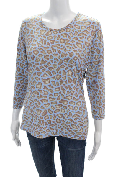 J. Mclaughlin Womens 3/4 Sleeve Scoop Neck Abstract Shirt Blue Brown Size Medium