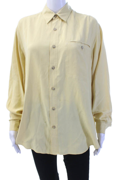 Go By GoSilk Womens Textured Long Sleeve Collar Button Up Blouse Yellow Size L