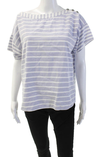 Bogner Womens Cotton Round Neck Short Sleeve Stripe Casual Top White Size M