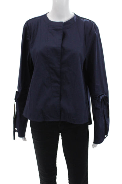 Zara Woman Womens Cotton Long Sleeve Tie Accent Wide Hem Blouse Dark Blue Size L