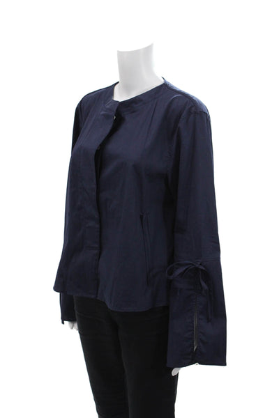 Zara Woman Womens Cotton Long Sleeve Tie Accent Wide Hem Blouse Dark Blue Size L