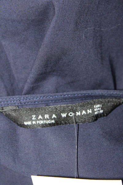 Zara Woman Womens Cotton Long Sleeve Tie Accent Wide Hem Blouse Dark Blue Size L